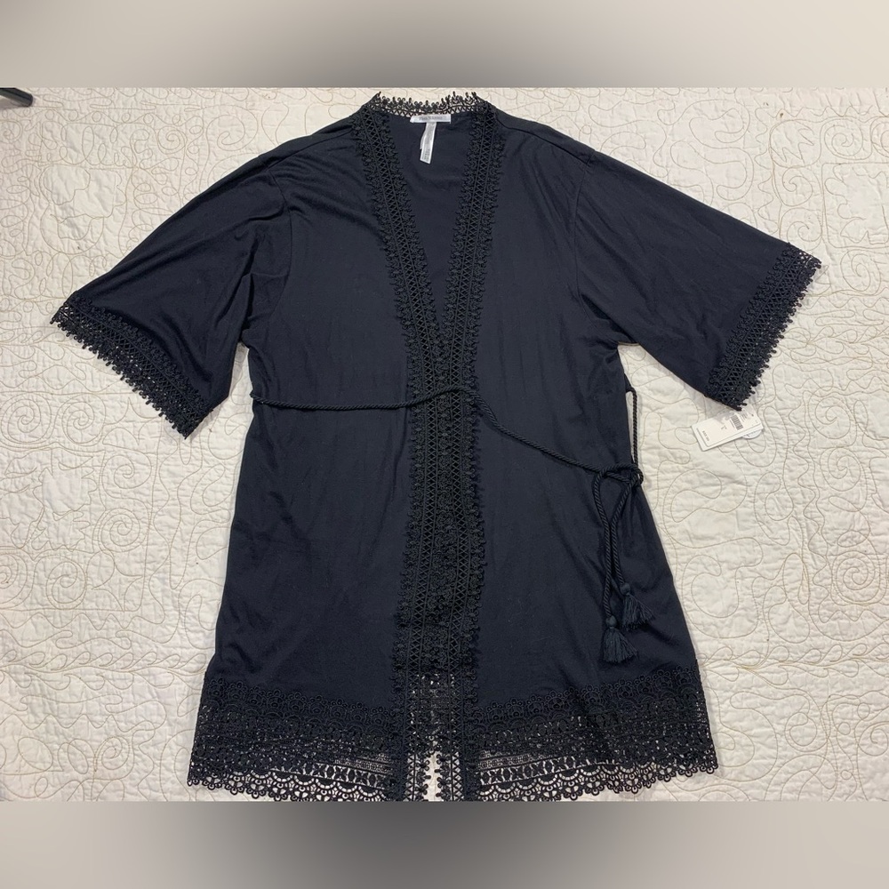 New Flora Nikrooz Black Cotton Lace Kimono Robe Cover Up Size Large